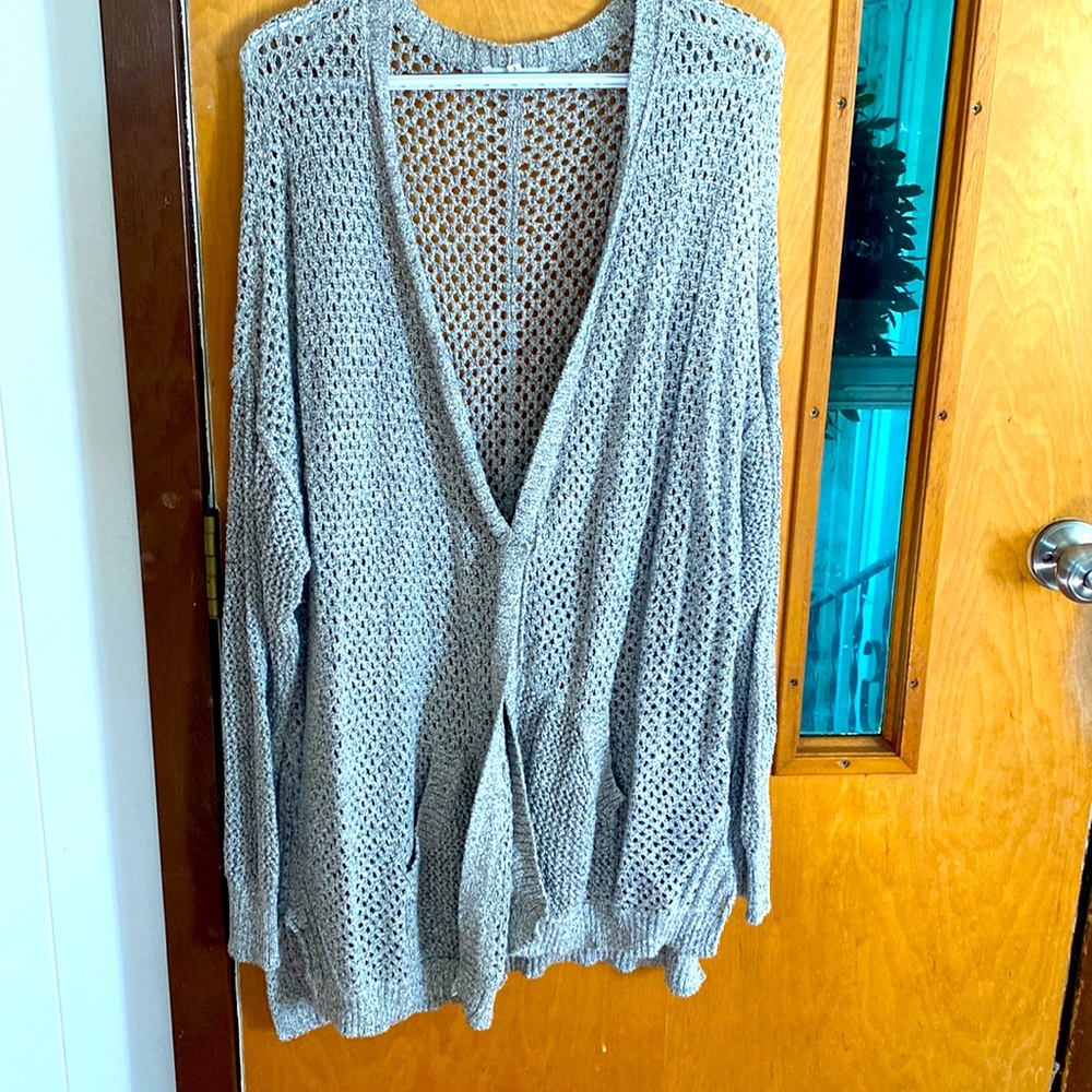 Maurice’s brand, worn sweater, mixed gray and white material, mid hip length